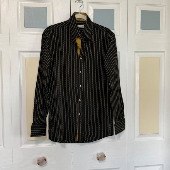 Bachrach Other - Bachrach Mens Cyrus Black Gold Wavy Pinstripe Long Sleeve Button Down Shirt M